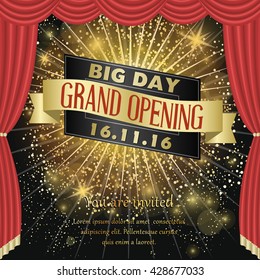 Sparkling Banner. Grand Opening Celebration Sparkling Banner Design Vector Illustration. Text Composition With Golden Splash, Spotlight Beam And Red Curtain In Elegant Style. Big Day Invitation Card
