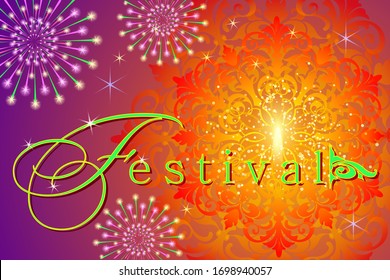 sparkling banner with the inscription festival on a fiery background with fireworks fantastic ornaments and splashes of light