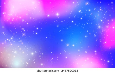 Wunderschöner kosmischer Gradientenhintergrund. In: Unicorn Night Sky. Fantasy-Traumgalaxie und magisch gewellter Raum mit Feenlicht. Holografischer Raum. Sternennacht mit glänzenden Sternen und Funkeln. Vektorgrafik.