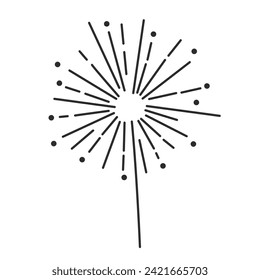 Leuchtendes Symbol der bengalischen Feuerlinie. Dünne schwarze Umrisssilhouette mit Radialsparken, Geburtstag- oder Jubiläumsfeuer und Explosion von Feuerwerk, monochrome Ikone, Vektorgrafik