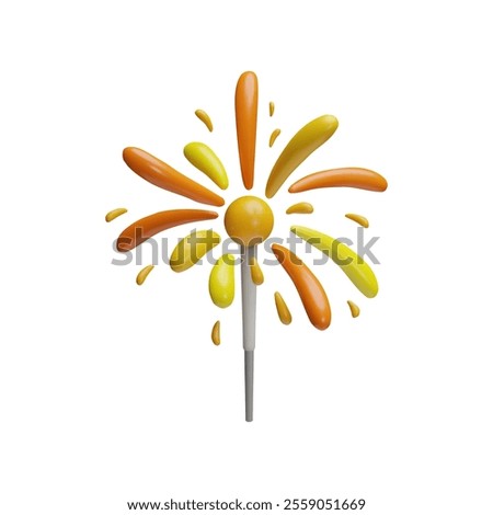 Sparkling bengal light, sparkler 3D plastic style icon. Cartoon bang on the stick, firework explosion, bursting fireworks with golden sparks. Vector render festive entertainment element