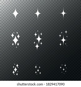 Sparkling, vector de símbolo blanco y negro Un conjunto de iconos originales de inicio brillante, un brillo brillante, estrellas de efecto claro, flash brillante, brillo de la decoración, efecto de luz brillante y ráfagas colección Vector