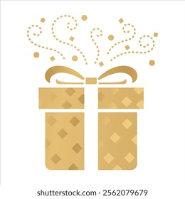 Sparkling and Blink VIP Golden Gift box, luxury elegant gold decorative present box with bow with pretty golden confetti and firework icon symbol vector. Perfect for birthday, website, UI and design