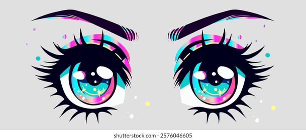 Sparkling blue bright eyes of anime girl isolated on light colored background. Stylish cartoon style illustration in manga comic book style for printing on t-shirts and clothing. 