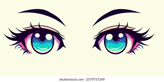 Sparkling blue bright eyes with long lashes of anime girl. Stylish cartoon illustration in manga comics style for t-shirt printing. 