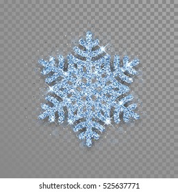 Sparkling blue crystal snowflake with glitter texture for Christmas, New Year greeting card. Vector transparent background with isolated winter diamond snowflake.