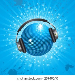 sparkling blue disco ball with headphones on a blue star burst background