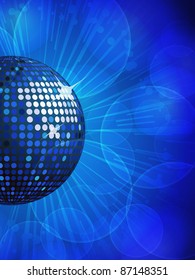 sparkling blue disco ball on a blue star burst background