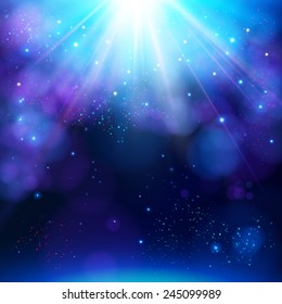 Sparkling blue festive star burst background with a dynamic bright white explosion of rays of light over a twinkling bokeh with copyspace for your greeting or text, vector illustration