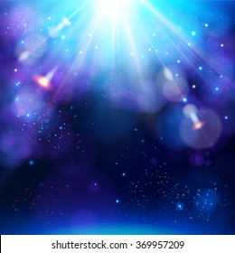 Sparkling blue festive star burst background with a dynamic bright white explosion of rays of light over a twinkling bokeh for your greeting or text, vector illustration.