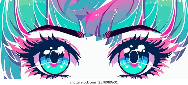 Sparkling blue and green bright anime eyes with pink shadows isolated on light colored background. Stylish cartoon illustration in manga comic book style for printing on t-shirts and clothing. 