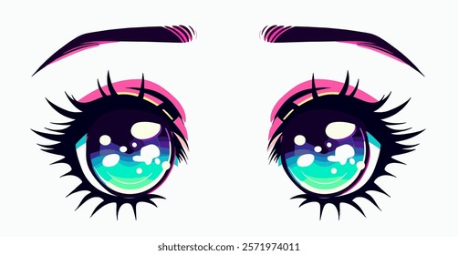 Sparkling blue and green bright eyes of anime girl isolated on light colored background. Stylish cartoon style illustration in manga comic book style for printing on t-shirts and clothing. 