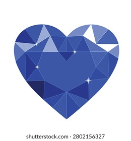 A sparkling blue heart-shaped gemstone with geometric facets and highlights, isolated on a white background. Perfect for luxury, love, romance, holidays, and special occasion designs.