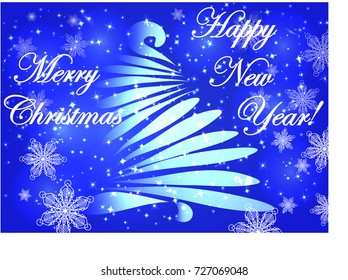 Sparkling, bright, blue New Year or Christmas background with a glowing Christmas tree, stars, snowflakes, effects. Happy Christmas and New Year.