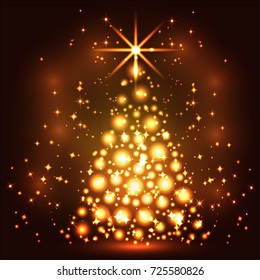 Sparkling, bright, dark New Year or Christmas background with a glowing Christmas tree, stars, snowflakes, effects. Happy Christmas and New Year.
