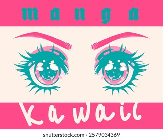 Sparkling bright eyes with long lashes of anime girl. Stylish cartoon illustration in manga comics style in pink and green colors for t-shirt printing. 