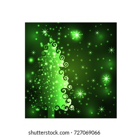 Sparkling, bright, green New Year or Christmas background with a glowing Christmas tree, stars, snowflakes, effects. Happy Christmas and New Year.