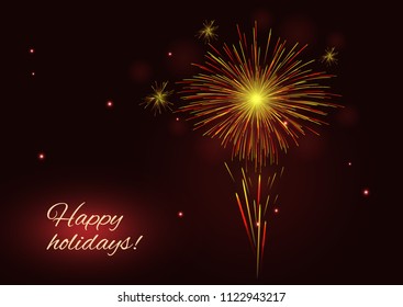 Sparkling bright red and yellow vector fireworks greeting holidays background, copy space.