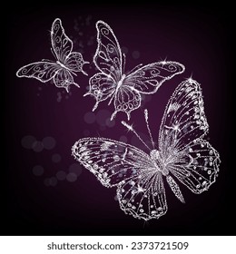 Mariposas esparcen sobre un fondo morado. Ilustración vectorial. Dibujo manual. No IA, Illustrat3