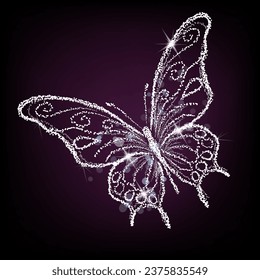 Sparkling butterflies on a purple background. hand drawing. Not AI, Illustrat3. Vector illustration