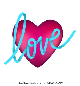 Sparkling cartoon glossy heart and Love lettering. Valentine's Day symbol.