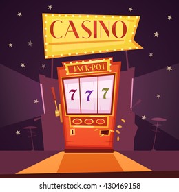 Sparkling casino with jackpot slot machine flat retro cartoon vector illustration