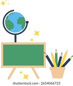 Sparkling chalkboard with pencil cup and globe. Ideal for classroom decor, educational flyers, kids learning apps, or school-themed promotional graphics.