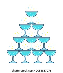 sparkling champagne glass pyramid, glass tower vector illustration