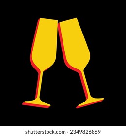 Sparkling champagne glasses. 3D Extruded Yellow Icon with Red Sides a Black background. Illustration.