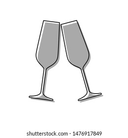 Sparkling champagne glasses. Black line icon with gray shifted flat filled icon on white background. Illustration.