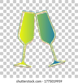 Sparkling champagne glasses. Blue to green gradient Icon with Four Roughen Contours on stylish transparent Background. Illustration.