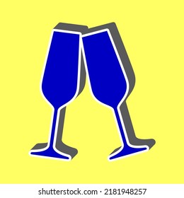 Sparkling champagne glasses. Blue Icon with white stroke in 3d at yellow Background. Illustration.