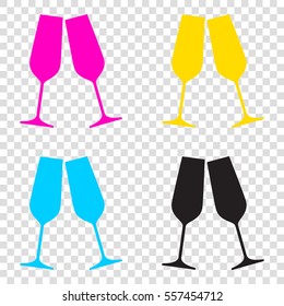 Sparkling champagne glasses. CMYK icons on transparent background. Cyan, magenta, yellow, key, black.