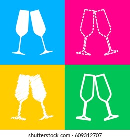 Sparkling champagne glasses. Four styles of icon on four color squares.