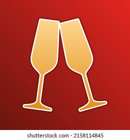 Sparkling champagne glasses. Golden gradient Icon with contours on redish Background. Illustration.