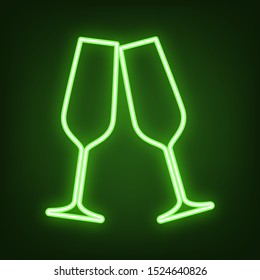 Sparkling champagne glasses. Green neon icon in the dark. Blurred lightening. Illustration.