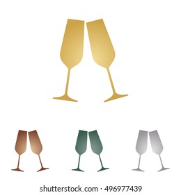 Sparkling champagne glasses. Metal icons on white backgound.