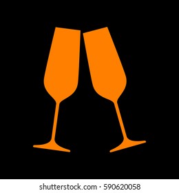 Sparkling champagne glasses. Orange icon on black background.