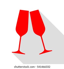 Sparkling champagne glasses. Red icon with flat style shadow path.