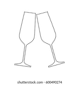 Sparkling champagne glasses. Vector. Black dotted icon on white background. Isolated.