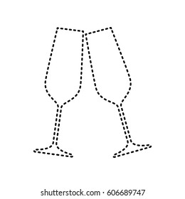 Sparkling champagne glasses. Vector. Black dashed icon on white background. Isolated.