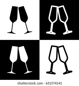 Sparkling champagne glasses. Vector. Black and white icons and line icon on chess board.