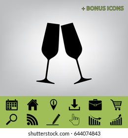 Sparkling champagne glasses. Vector. Black icon at gray background with bonus icons at celery ones