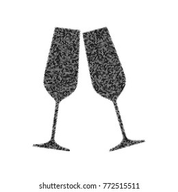 Sparkling champagne glasses. Vector. Black icon from many ovelapping circles with random opacity on white background. Noisy. Isolated.