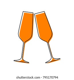 Sparkling champagne glasses. Vector. Black line icon with shifted flat orange filled icon on white background. Isolated.