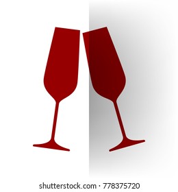Sparkling champagne glasses. Vector. Bordo icon on white bending paper background.