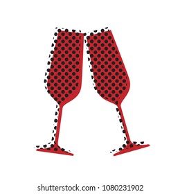 Sparkling champagne glasses. Vector. Brown icon with shifted black circle pattern as duplicate at white background. Isolated.