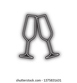 Sparkling champagne glasses. Vector. Double contour black icon with soft shadow at white background. Isolated.