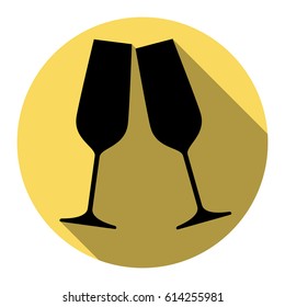 Sparkling champagne glasses. Vector. Flat black icon with flat shadow on royal yellow circle with white background. Isolated.