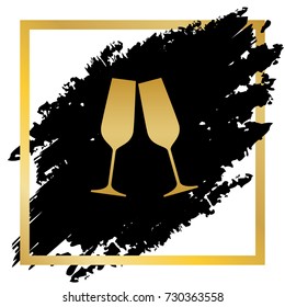 Sparkling champagne glasses. Vector. Golden icon at black spot inside golden frame on white background.